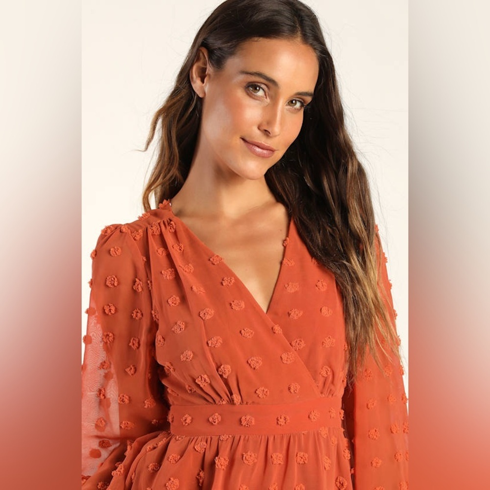 Lulus Always on Repeat Rust Orange Clip Dot Long Sleeve Mini Dress XL NWT - Picture 3 of 9
